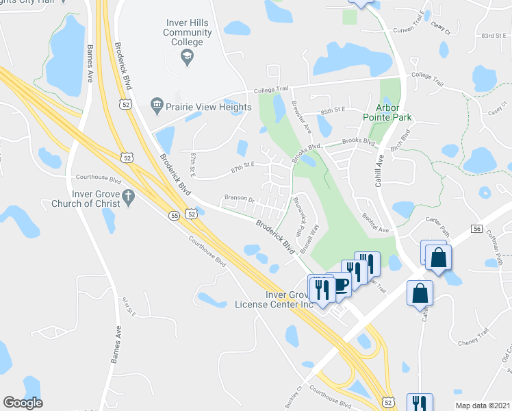 map of restaurants, bars, coffee shops, grocery stores, and more near 8847 Branson Drive in Inver Grove Heights