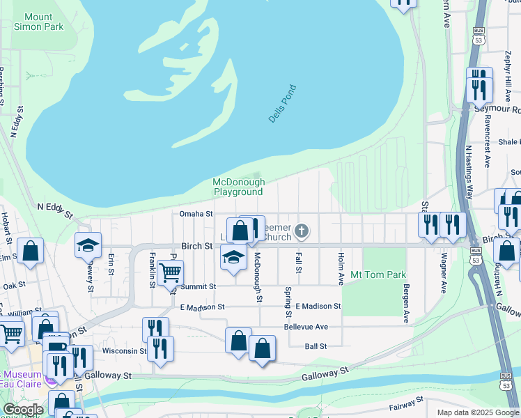 map of restaurants, bars, coffee shops, grocery stores, and more near 630 McDonough Street in Eau Claire