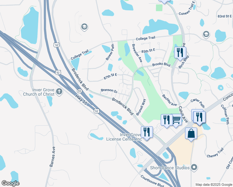 map of restaurants, bars, coffee shops, grocery stores, and more near 8831 Branson Drive in Inver Grove Heights