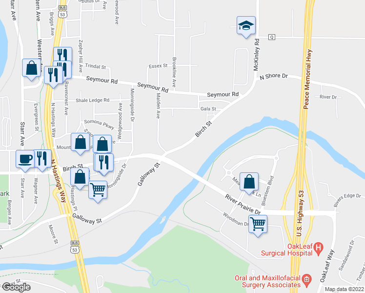 map of restaurants, bars, coffee shops, grocery stores, and more near 3500 County Highway Q in Eau Claire