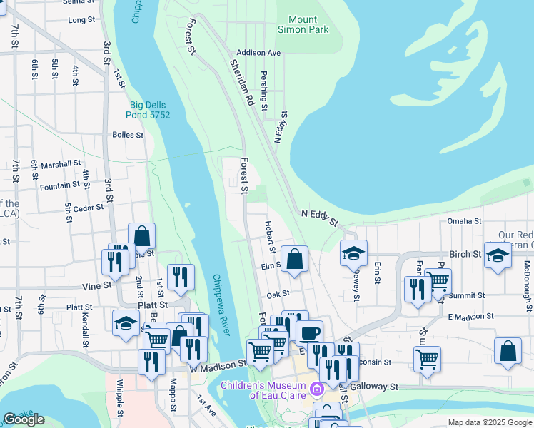 map of restaurants, bars, coffee shops, grocery stores, and more near 1100 Hobart Street in Eau Claire