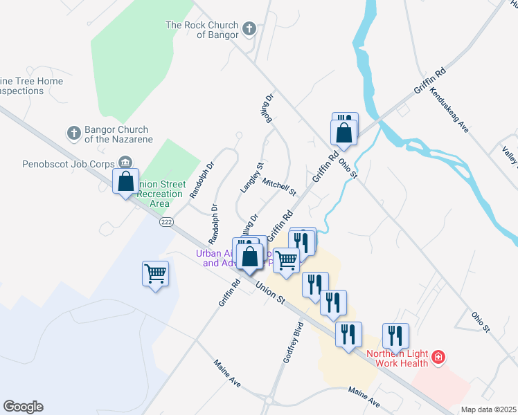 map of restaurants, bars, coffee shops, grocery stores, and more near 47 Bolling Drive in Bangor