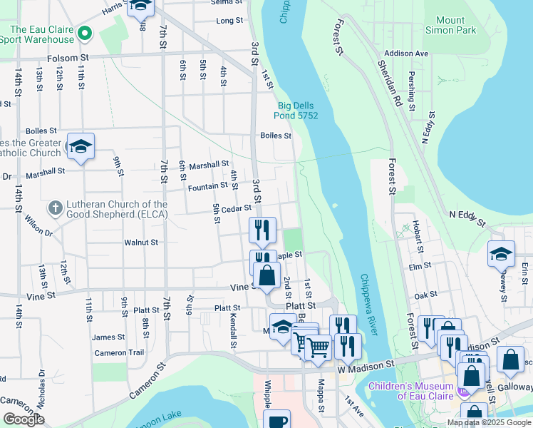 map of restaurants, bars, coffee shops, grocery stores, and more near 2205 3rd Street in Eau Claire