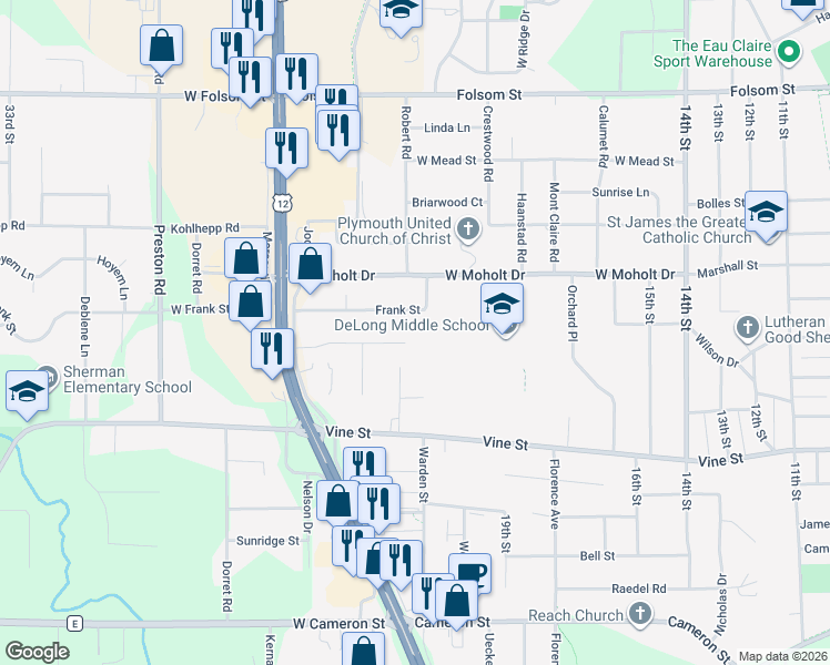 map of restaurants, bars, coffee shops, grocery stores, and more near 2213 Melanie Lane in Eau Claire
