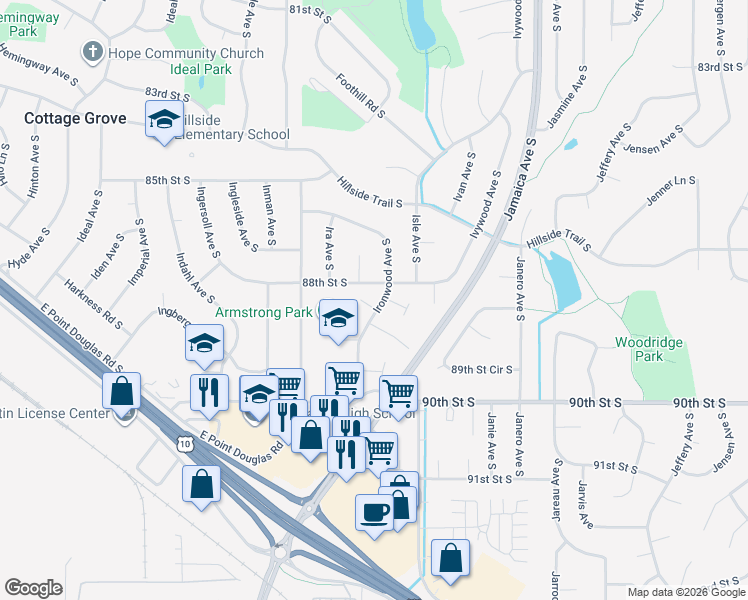 map of restaurants, bars, coffee shops, grocery stores, and more near 8801 Ironwood Avenue South in Cottage Grove