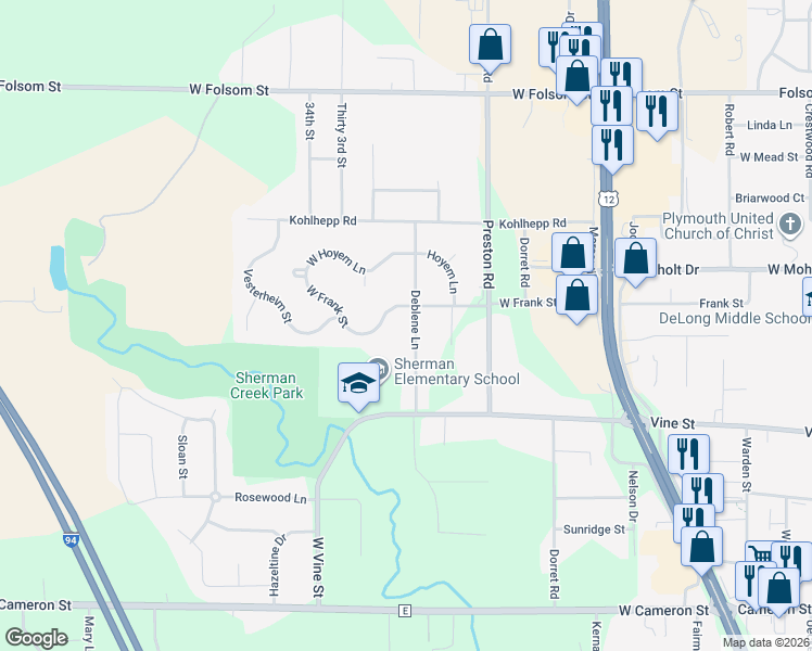 map of restaurants, bars, coffee shops, grocery stores, and more near 2206 Deblene Lane in Eau Claire