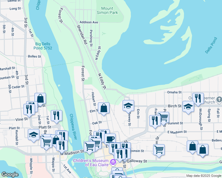 map of restaurants, bars, coffee shops, grocery stores, and more near 719 North Eddy Street in Eau Claire