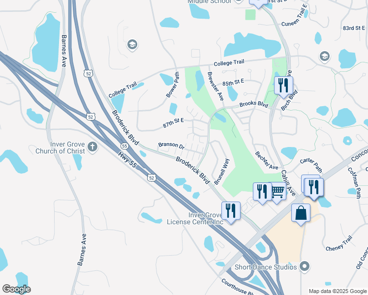 map of restaurants, bars, coffee shops, grocery stores, and more near 8789 Branson Drive in Inver Grove Heights