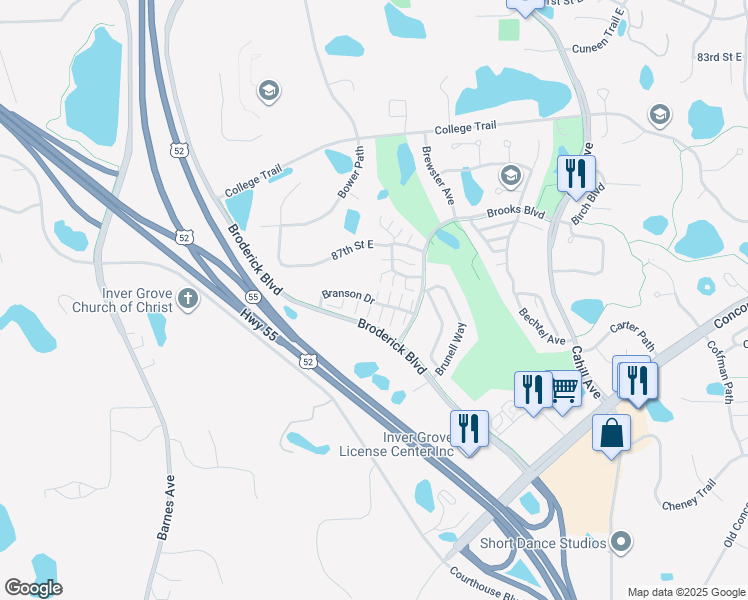map of restaurants, bars, coffee shops, grocery stores, and more near 8819 Branson Drive in Inver Grove Heights