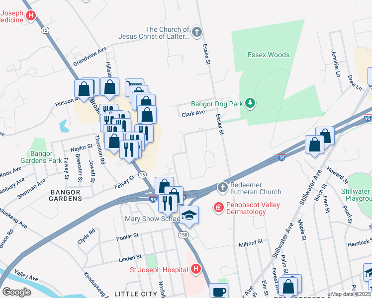 map of restaurants, bars, coffee shops, grocery stores, and more near 152 East Broadway in Bangor