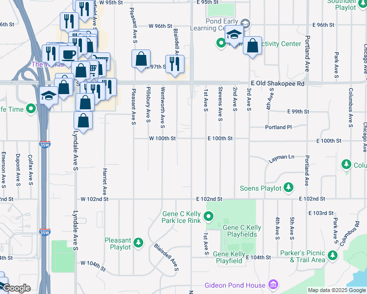 map of restaurants, bars, coffee shops, grocery stores, and more near 9920 Nicollet Avenue in Minneapolis