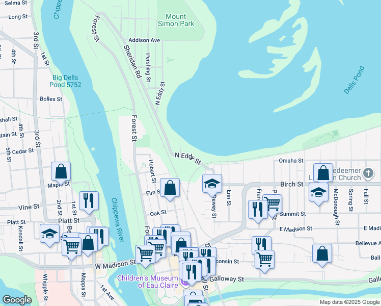 map of restaurants, bars, coffee shops, grocery stores, and more near 718 North Eddy Street in Eau Claire