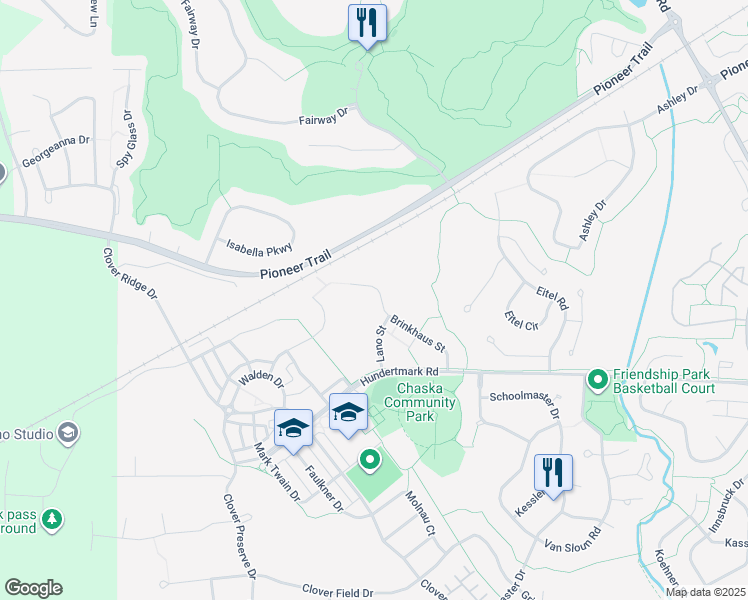 map of restaurants, bars, coffee shops, grocery stores, and more near 2530 Brinkhaus Street in Chaska