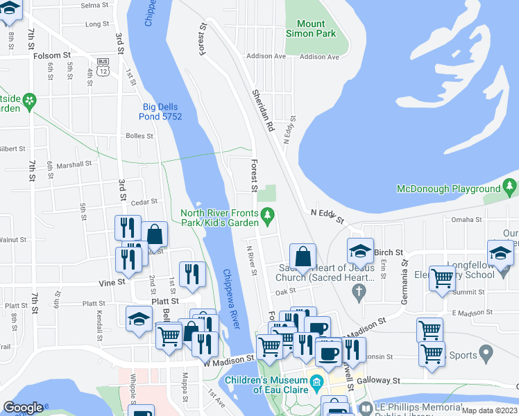 map of restaurants, bars, coffee shops, grocery stores, and more near 903 Forest Street in Eau Claire