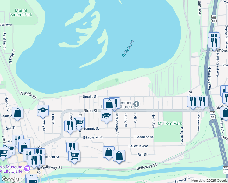 map of restaurants, bars, coffee shops, grocery stores, and more near 716 McDonough Street in Eau Claire