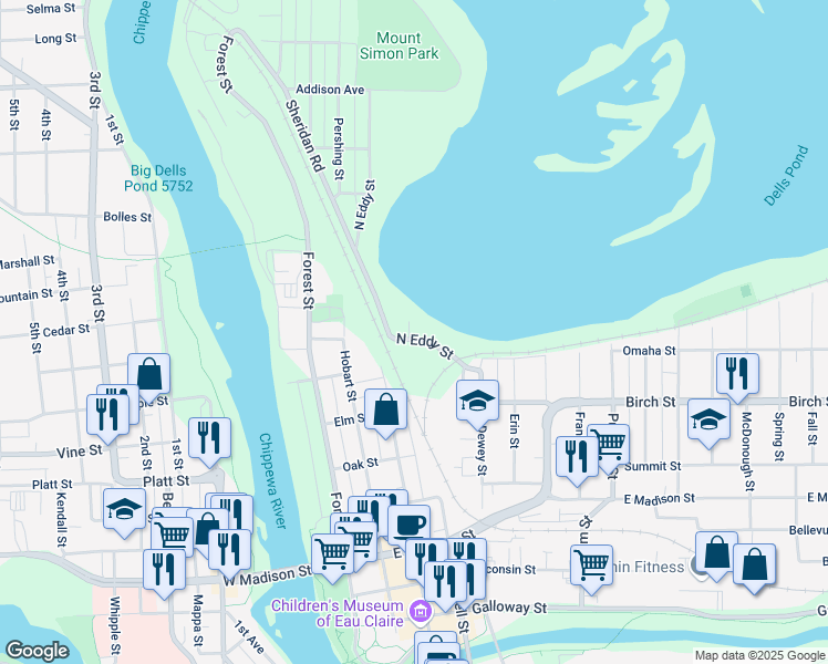 map of restaurants, bars, coffee shops, grocery stores, and more near 106 Cliff Street in Eau Claire