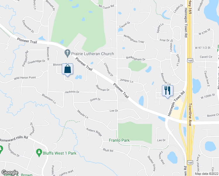 map of restaurants, bars, coffee shops, grocery stores, and more near 10470 Sherman Drive in Eden Prairie