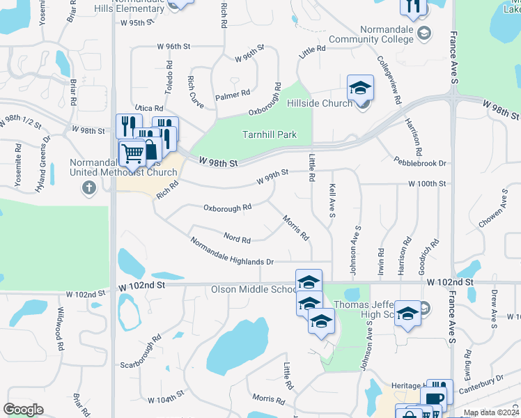 map of restaurants, bars, coffee shops, grocery stores, and more near 9925 Oxborough Road in Minneapolis