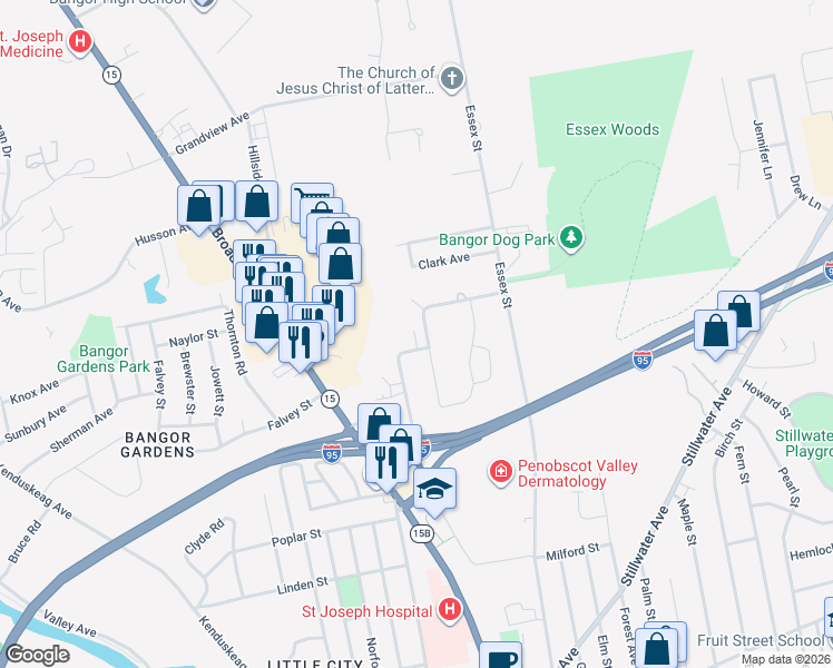 map of restaurants, bars, coffee shops, grocery stores, and more near 152 East Broadway in Bangor