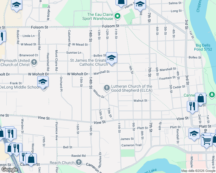 map of restaurants, bars, coffee shops, grocery stores, and more near 2328 11th Street in Eau Claire