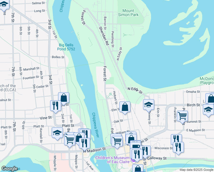 map of restaurants, bars, coffee shops, grocery stores, and more near 921 Forest Street in Eau Claire