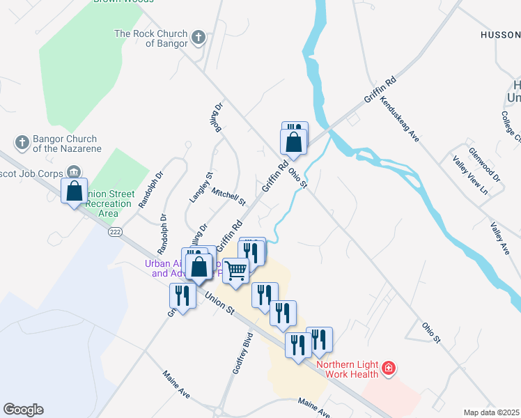 map of restaurants, bars, coffee shops, grocery stores, and more near 194 Griffin Road in Bangor