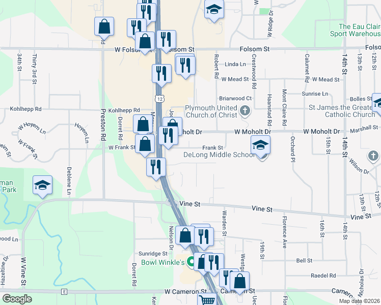 map of restaurants, bars, coffee shops, grocery stores, and more near 2305 West Frank Street in Eau Claire