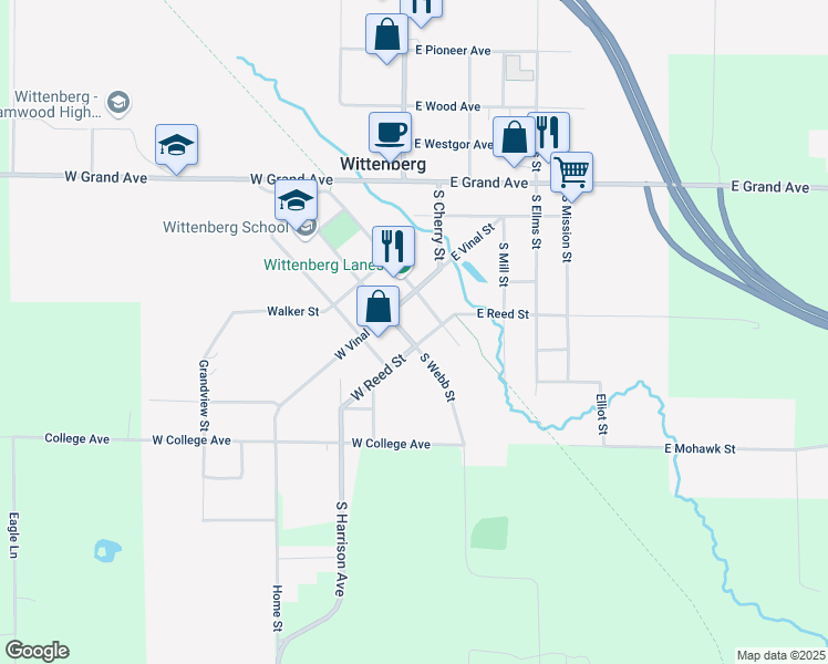 map of restaurants, bars, coffee shops, grocery stores, and more near 516 South Webb Street in Wittenberg