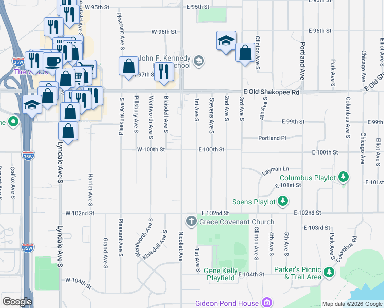 map of restaurants, bars, coffee shops, grocery stores, and more near 9916 1st Avenue South in Minneapolis