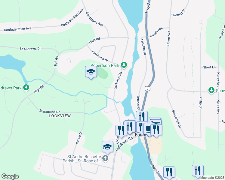 map of restaurants, bars, coffee shops, grocery stores, and more near 152 Lockview Road in Fall River