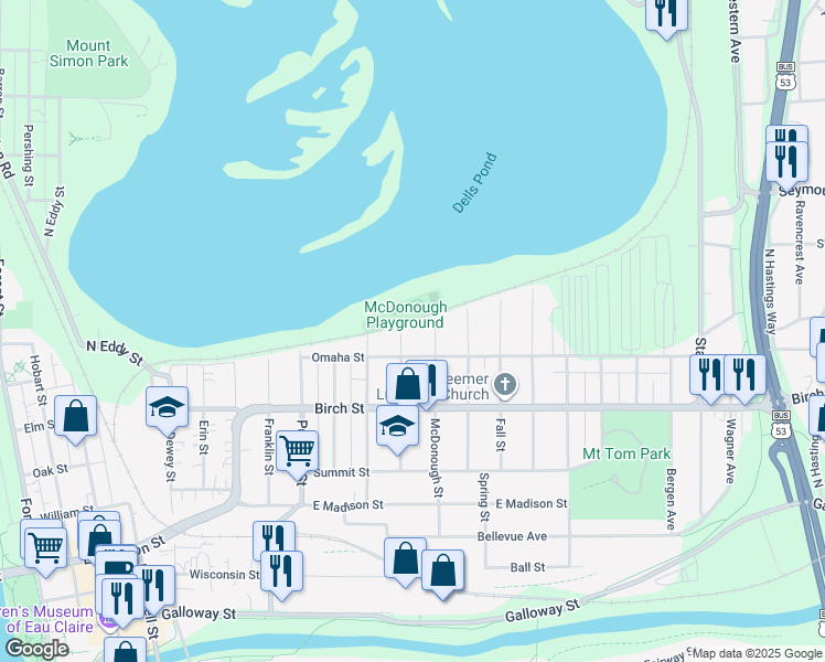 map of restaurants, bars, coffee shops, grocery stores, and more near 716 McDonough Street in Eau Claire