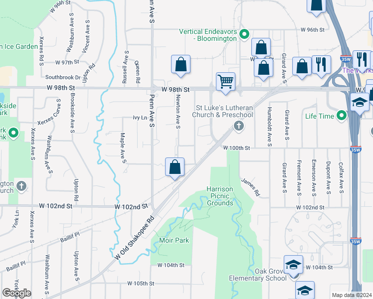 map of restaurants, bars, coffee shops, grocery stores, and more near 2050 West 100th Street in Minneapolis
