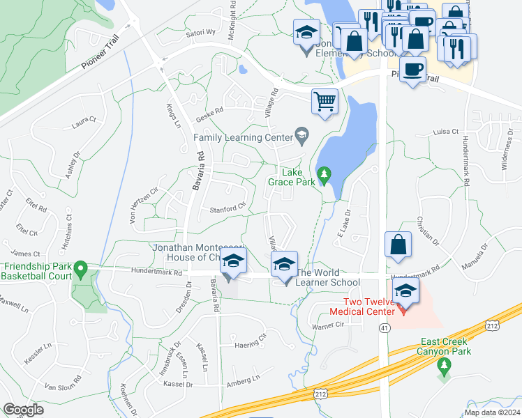map of restaurants, bars, coffee shops, grocery stores, and more near 110210 Village Road in Chaska