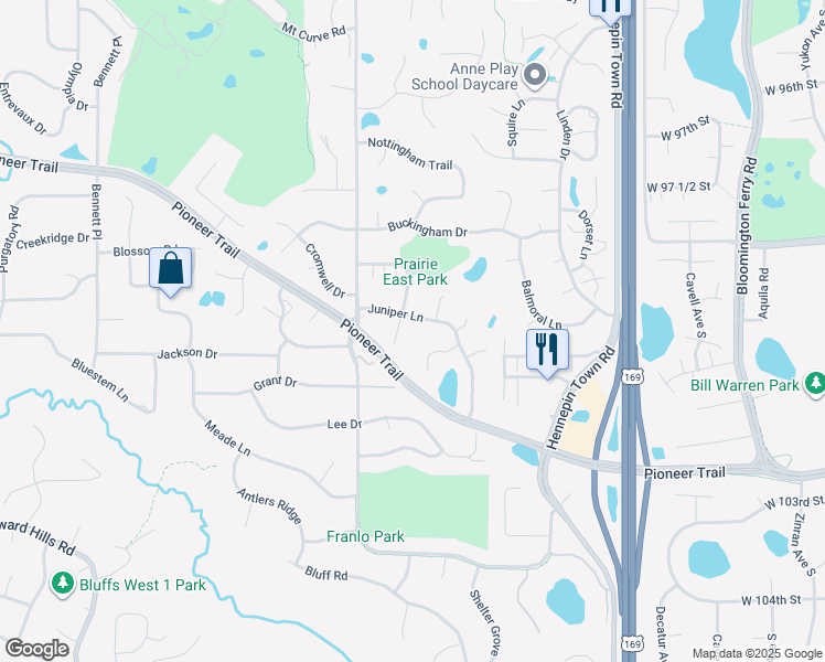 map of restaurants, bars, coffee shops, grocery stores, and more near 10334 Balsam Lane in Eden Prairie