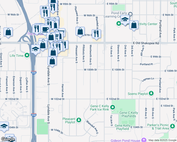 map of restaurants, bars, coffee shops, grocery stores, and more near 9951 Pillsbury Avenue South in Minneapolis