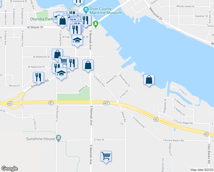 map of restaurants, bars, coffee shops, grocery stores, and more near 175 Nautical Drive in Sturgeon Bay