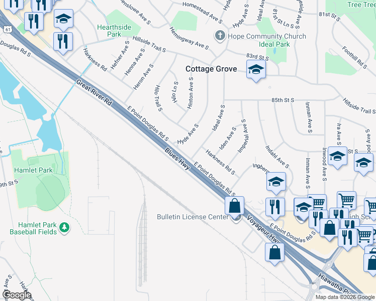 map of restaurants, bars, coffee shops, grocery stores, and more near 7910 East Point Douglas Road in Cottage Grove