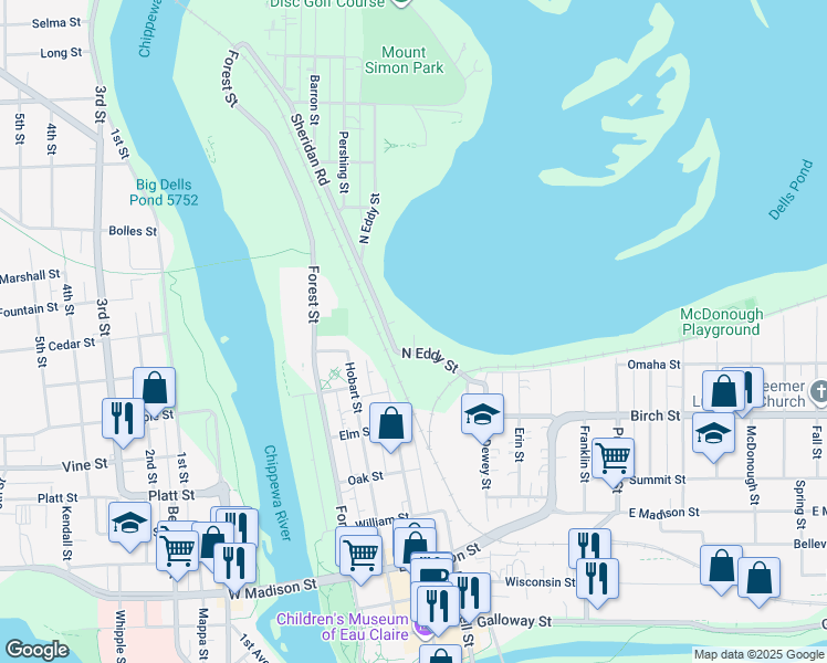 map of restaurants, bars, coffee shops, grocery stores, and more near 106 Cliff Street in Eau Claire