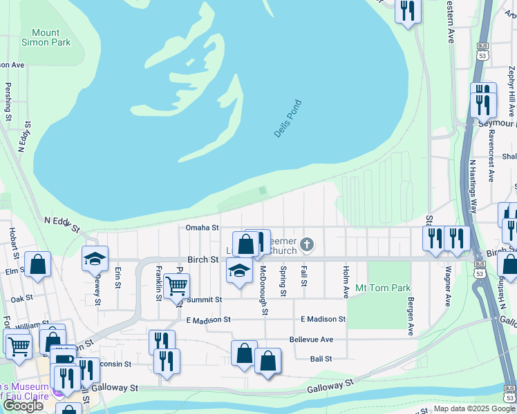 map of restaurants, bars, coffee shops, grocery stores, and more near 716 McDonough Street in Eau Claire