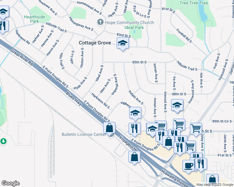map of restaurants, bars, coffee shops, grocery stores, and more near 8732 Imperial Avenue South in Cottage Grove
