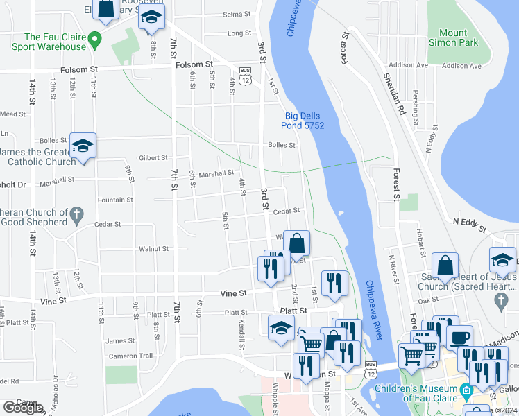 map of restaurants, bars, coffee shops, grocery stores, and more near 2321 4th Street in Eau Claire