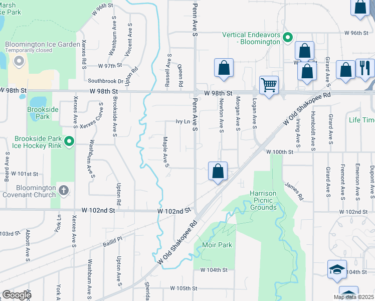 map of restaurants, bars, coffee shops, grocery stores, and more near 9940 Penn Avenue South in Minneapolis