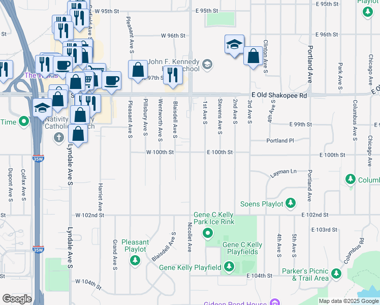 map of restaurants, bars, coffee shops, grocery stores, and more near 10000 Nicollet Avenue South in Bloomington