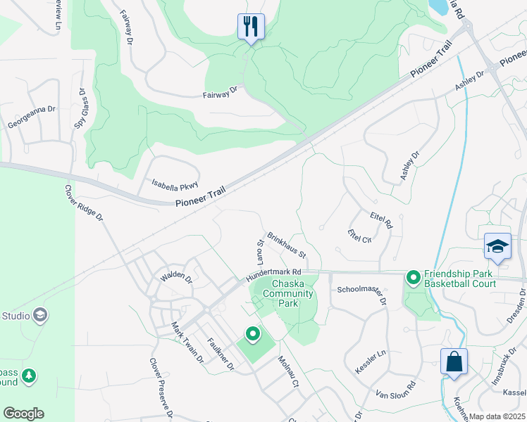 map of restaurants, bars, coffee shops, grocery stores, and more near 2530 Brinkhaus Street in Chaska
