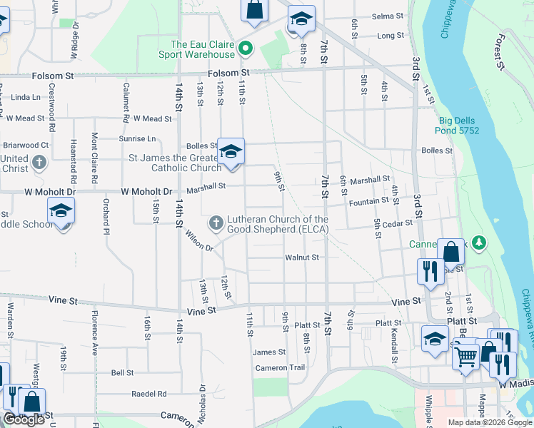 map of restaurants, bars, coffee shops, grocery stores, and more near 903 Fountain Street in Eau Claire