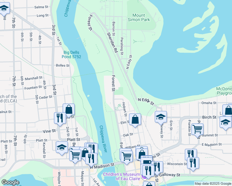 map of restaurants, bars, coffee shops, grocery stores, and more near 921 Forest Street in Eau Claire