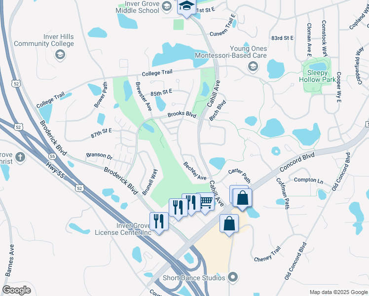 map of restaurants, bars, coffee shops, grocery stores, and more near 8645 Bernard Path in Inver Grove Heights
