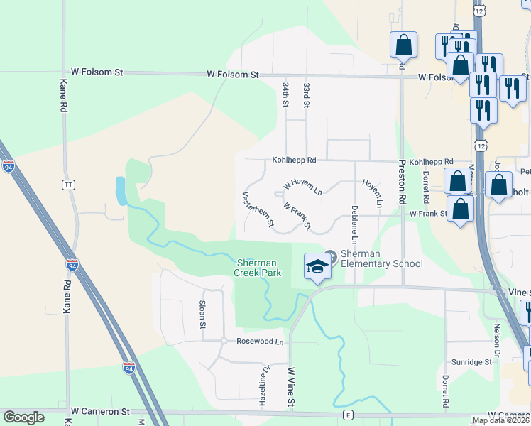 map of restaurants, bars, coffee shops, grocery stores, and more near 2253 Vesterheim Street in Eau Claire