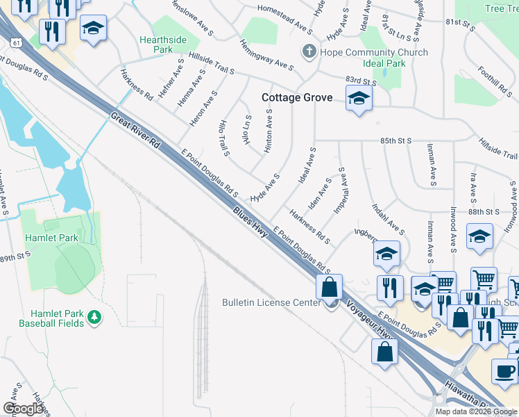 map of restaurants, bars, coffee shops, grocery stores, and more near 7910 East Point Douglas Road South in Cottage Grove