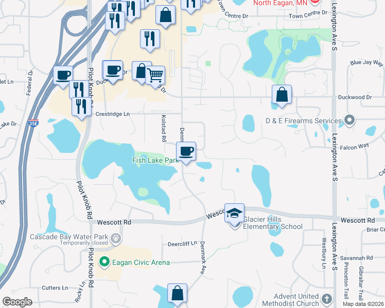 map of restaurants, bars, coffee shops, grocery stores, and more near 1163 Timbershore Lane in Eagan